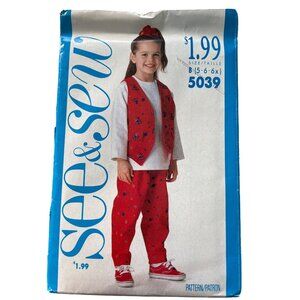 90s Butterick 5039 See & Sew Sewing Pattern Size B 5-6-6X Top Vest & Pants UNCUT